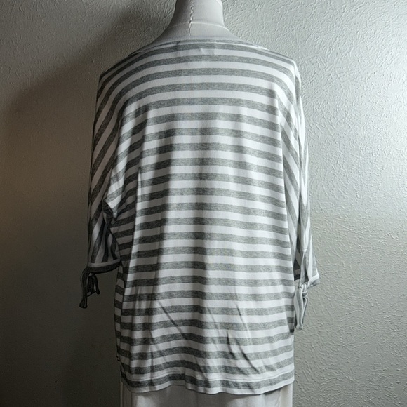 JOAN VASS Knit Grey Stripe Easy Pullover Johnny Collar Tunic 3/4 Sleeve Top 16 - Picture 12 of 17